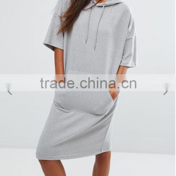 alli baba com oem Soft-touch Drawstring hood Dropped shoulders Pouch pocket Grey Sweater Dress