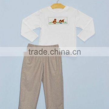 Baby Boys White Shirt Smocked Puddy & Brown Long Pants