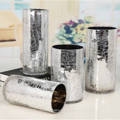 Silver Plated Glass Cylinder Vases Thick Tall Crackle Glass Vase For Home Wedding Decoration