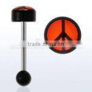 Steel barbell tongue bar with black-on-orange peace sign