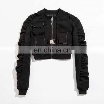 Women zip up buckle close long ruched sleeve cropped black bomber jacket