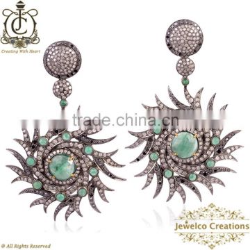 14K Gold Earrings, Emerald Gemstone 925 Silver Earrings Jewelry, Diamond Pave Silver Earrings, Gemstone & Diamond Jewelry
