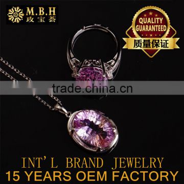 hot sale jewellery set 18K gold plated 925 sterling silver precious natural Amethyst Ring Pendant Necklace Set Factory wholesale