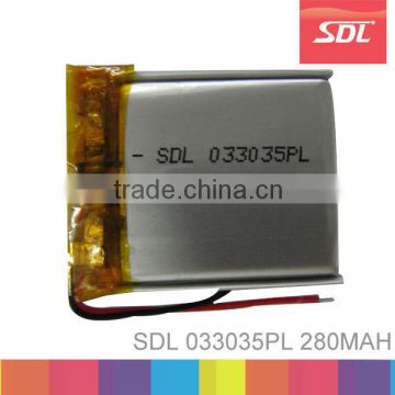Factory 280mah china lipo battery retractable battery 033035PL 3.7V Li-polymer batteries for MP3 MP4