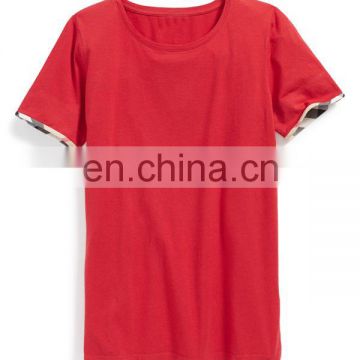 CHEFON Scoop neck contrasting check trim sfot cotton tee,red tee,girls short sleeve tee manufacturer