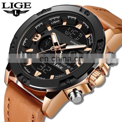 Lige 9964 Leather Analog Digital Wrist Watches Luminous Chronograph LED Functional Men Sports Watch Waterproof