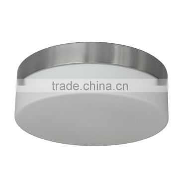 2 light ceiling flushmount light(Lampara de techo) in satin steel clips finish with a 11" white glass shade