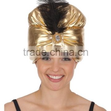 Adult Metallic Gold Truban With Jewel & Black Feather
