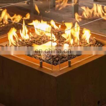 outdoor corten steel rustic garden decoration wood and gas fire pits table