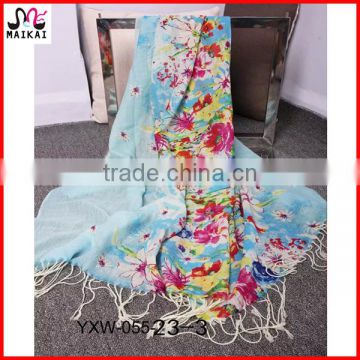 Soft blue floral printing lady's fashionable scarf wool