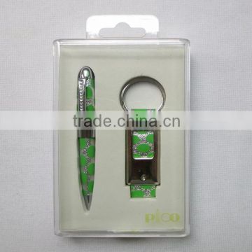 Ball pen and keychain packed in a transparent gift box