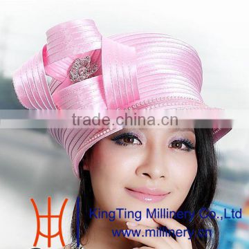 Special Pink Ladies Rhinestone Satin Ribbon Church Hats Wholesale                        
                                                Quality Choice