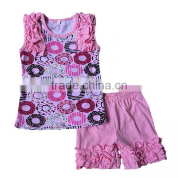 kids clothing doughnut pattern sleeveless top girls summer outfit ruffle pink shorts wholesale children's boutique clothing