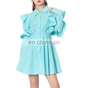 TWOTWINSTYLE Casual Patchwork Ruffle Women Shirt Dress Lapel Puff Sleeve High Waist Solid Elegant