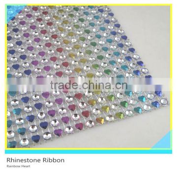 24 Rows Rainbow Heart Shape Decorative Mesh Ribbon 10 Yards Crystal Wrap Roll