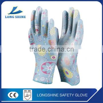 New Arrival PU Coated Plam HPPE Liner Printed Flowers Knitted Cut Resistant Safety Gloves
