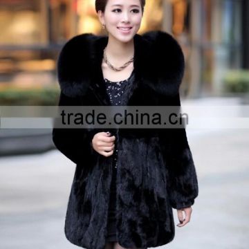 Women's 100% Real Mink Fur Coat with Big Fox Fur Collar Hooded