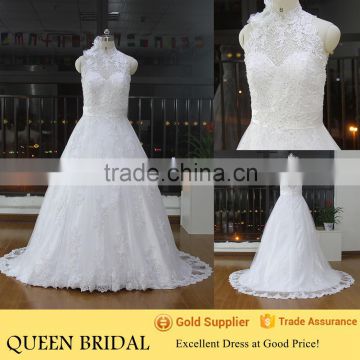 New Style High Neck Sleeveless Transparent Back Appliqued Lace Sequined Beading Wedding Dress 2016
