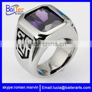 Wholesale Antique Stainless Steel Men's titanium ring with single one stone, blue zircon engagement ring and wedding ring