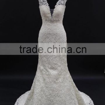 Sexy deep V-neck with embroidery beading trim thick venice over lace sheath wedding dress