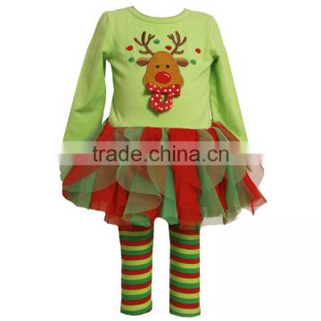 2015 New Design Reindeer Tutu Dress + Stripe Pants Baby Christmas Clothes