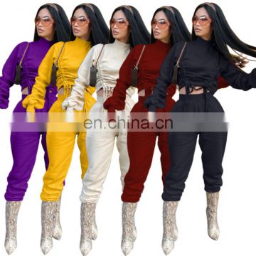 Women Solid Casual Tracksuit Sports Sweatshirts Front Drawstring Pullover Sweatpants Two Pieces Set