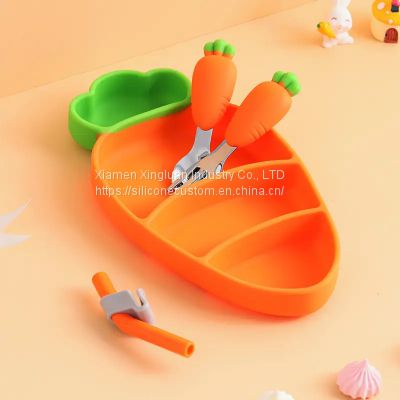Cute Carrot Shape Plate Cutlery Set Baby Silicone Feeding Set