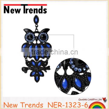 Latest fashionable cheap owl earring with blue rhinestone