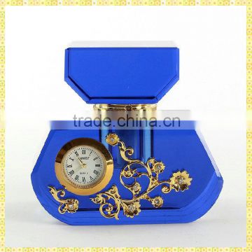 Unique Exquisite Luxury Blue Crystal Perfume Bottle Clock For Wedding Guest Takeaway Souvenirs
