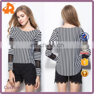 2017 latest fashion women's tee shirt Korean slim vertical stripes stitching female blouse shirt with mesh long sleeve