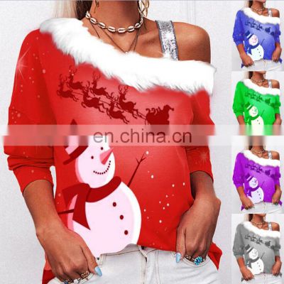 Factory wholesale women's one-shoulder sexy sweater t-shirt loose casual sports Christmas top crop ladies jacket