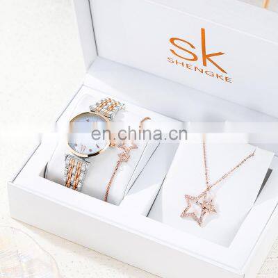 SHENGKE Shop for Watches Online Ladies Jewelry Watch Set K0136L Women Bracelet Watch Chic Necklace Wholesale Wristwatch