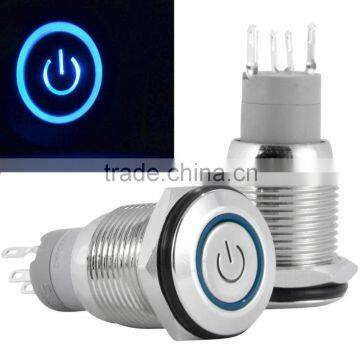 Splash Resistant 16mm Power Push Button ON/OFF Latching Switch w/ 12V Blue LED Power Symbol Head