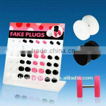 Display with 48 pcs of UV acrylic fake plugs without O-ring in black, white and pink - size 6mm - 10mm