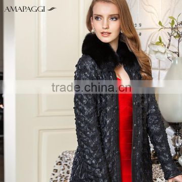 Women black slim sheepskin leather coats with fur collar
