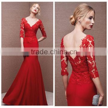 long sleeve nude evening red prom dress with sleeves