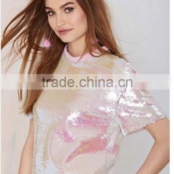 Ladies pink short sleeve loose european style fashion paillette t shirt