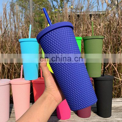 Amazon Sales 710ML Gobelets 24Oz Durian Cup Diamond Double Wall Plastic Purple Black Pineapple Drinkware Stud Tumbler With Straw