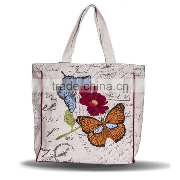 Country Style Butterfly Embroidery Linen Cotton Oversized Wemen Shopping Tote Bag