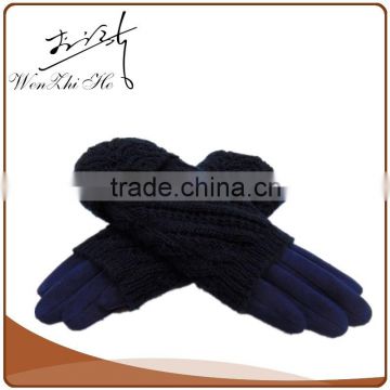 Faux Suede Blue Gloves With Hand Knitting Yarn