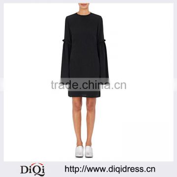 Customized Lady Apparel Back-concealed zip Black Bell Sleeves Ruffle Shift Dress(DQM017D)