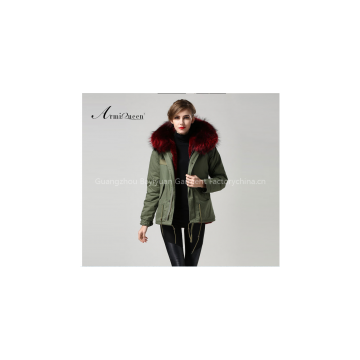 Professional winter Wine red raccoon collar fur liner warm army green jacket manufacturer woman for parka