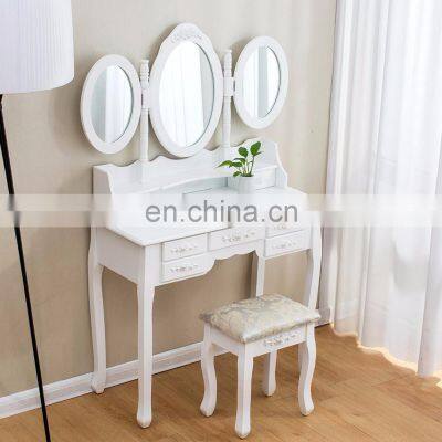 Large White 7-Drawer Vanity Makeup Dressing Table Set with 3 Mirrors and Jacquard Cushioned Stool