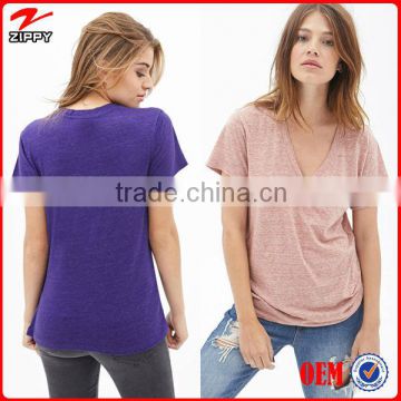 Women Heathered V-Neck Tee with Ribbed Trim