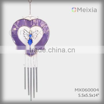 MX060004 wholesale wind bell with tiffany style stained glass angel heart shape decoration and metal wind bell pipe