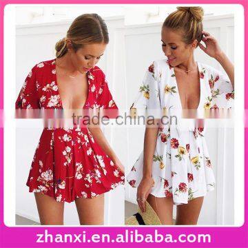 V neck short sleeve chiffon sexy casual women jumpsuits and one piece rompers suit