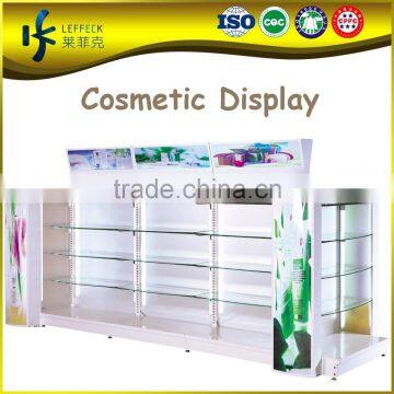 2015 hot selling MDF steel and glass cosmetic display gondola