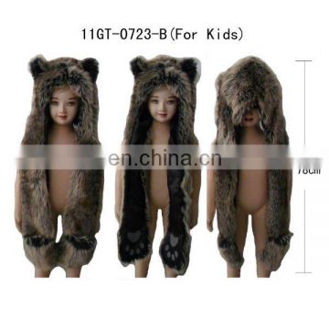 furry faux fur hooded long scarf with mittens, kids animal ears long scarf