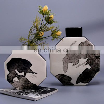 Chines Luxury Octagonal Flat Vase Chinese Ink Painting Decorative Ceramic Jar for Storage And Decoration