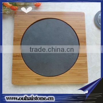 Wood material base hotel dishes slate stone round stone plate